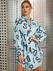 Frauen Aqua Letters Shirt Kleider Revers Kragen Knöpfe Langarm Polyester Print Stretch Midi Kleid