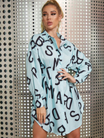 Frauen Aqua Letters Shirt Kleider Revers Kragen Knöpfe Langarm Polyester Print Stretch Midi Kleid