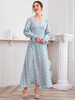 Frauen Baby Blue Maxikleider Langarm Blumendruck V-Ausschnitt Olyester Maxikleid