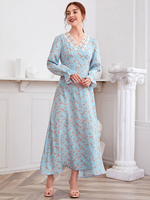 Frauen Baby Blue Maxikleider Langarm Blumendruck V-Ausschnitt Olyester Maxikleid