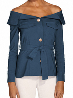 Frauen Bardot Tops weg von der Schulter Buttons mit langen Ärmeln Sexy Tops