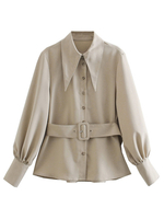 Frauen Beige Shirt Turndown Kragen Lässig Langarm Polyester Tops