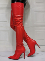 Frauen über dem Knie Stiefel PU Leder Ture Red Pointed Toe Stiletto Absatz Sky High Boot