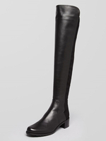 Frauen über den Kniestiefel Black Cowhide Runde TOE Chunky Heel Oberschenkel hohe Stiefel