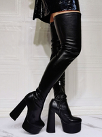 Frauen über den Kniestiefeln plus Größe Chunky Heel PU-Leder Schwarzer Oberschenkel-hohe Stiefel