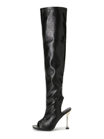 Frauen über den Kniestiefeln Stiletto Ferse spitz spitz PU-Leder schwarzer Oberschenkel hoher Stiefel