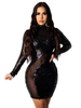 Frauen Black Club Kleid Jewel Neck Sexy Pailletten Langarm Polyester Sexy Bodycon Kleid