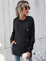 Frauen Black Hoodie Lange Ärmel Kordelzug Polyester Beiläufige Hoodies