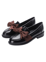 Frauen Black Loafers Round Toe Bow PU Leder Slip On Schuhe