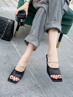 Frauen Black Mules Clogs PU Leder Square Toe Slingbacks Schuhe Stiletto Heel Sandal Slipper