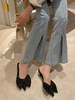 Frauen Black Mules Satin Pointed Toe Stiletto Absatz Sandalen Slip On Schuhe