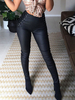 Frauen Black PU Lederhose Raised Waist Skinny Hose