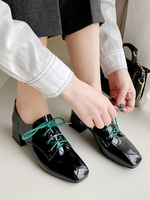 Frauen Black Square Toe Leder Schnür Oxfords