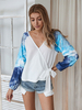 Frauen Blau Langarm Weiß T Shirt Farbblock Polyester Shirt