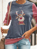 Frauen blau lange Ärmel T-Shirt Tierdruck Juwel Hals Polyester T-Shirt