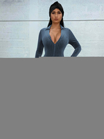 Frauen-Blau mit V-Ausschnitt mit langen Ärmeln Reißverschluss Cupless Baumwollmischung dünn Sommer Playsuit