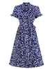 Frauen Blau Vintage Kleid 1950er Jahre Turndown Kragen Kurzarm Ärmel Mittlerer Blumendruck Rockabilly Kleid Midi Kleid