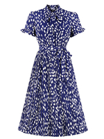 Frauen Blau Vintage Kleid 1950er Jahre Turndown Kragen Kurzarm Ärmel Mittlerer Blumendruck Rockabilly Kleid Midi Kleid