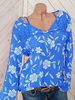 Frauen blaue Bluse mit V-Ausschnitt gedruckt beiläufige lange Ärmel Tops