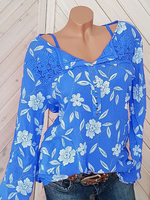 Frauen blaue Bluse mit V-Ausschnitt gedruckt beiläufige lange Ärmel Tops