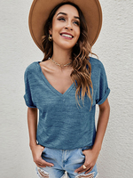 Frauen blaue Bluse V-Ausschnitt Kurzarm Polyester Casual Sommer T-Shirt