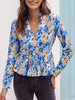 Frauen Blaue Bluse V-Ausschnitt Langarm Blumendruck Plissee Freizeithemd