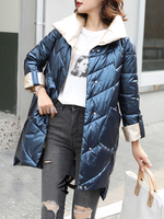 Frauen Blaue Puffermäntel mit Taschen Umdrehung Kragenknopf Lange Ärmel Casual Winter Mantel