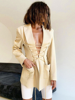 Frauen Blazer Aprikose Turndown Kragen Schnüren lange Ärmel Polyester lange Jacke