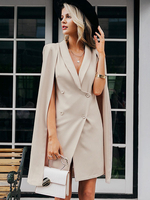 Frauen Blazer Aprikose V-Ausschnitt Langarm Polyester Casual Blazer Kleid Mit Cape