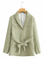 Frauen Blazer Avocado Grün Stilvolle Turndown-Kragen Langarm Plaid Polyester über Mantel