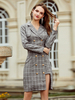 Frauen Blazer Kleid Grau Plaid Stilvolle Polyester Turndown Kragen Knöpfe Langarm Shirt Kleid