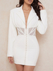 Frauen Blazer Kleid Weiß Modern Turndown Kragen Ausschnitt Langarm Polyester Kurz Midi Kleid