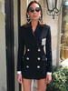 Frauen Blazer Schwarz Turndown Kragen Langarm Polyester Kurz Blazer Mantel
