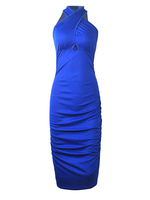 Frauen Blue Bodycon Kleider V-Ausschnitt Casual ärmelloses Bleistiftkleid
