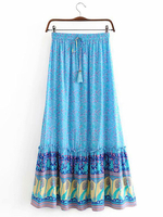 Frauen Blue Dress Fringe Blumendruck Polyester Natural Waist Layered Long Bottoms