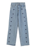 Frauen Blue Jeans Casual Raised Waist Denim Liebevolle Herz Print Straight Pants