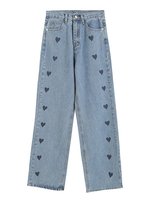 Frauen Blue Jeans Casual Raised Waist Denim Liebevolle Herz Print Straight Pants