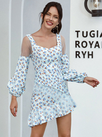 Frauen Blue Kater Kleider Langarm Bedruckt Casual Bodycon Ausgestelltes Kleid