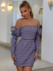 Frauen Blue Plaid Bodycon Kleider Sexy Langarm Bleistiftkleid Midi Kleid