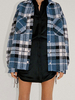 Frauen Blue Plaid Jacket Turndown Collar Langarm Polyester Hemdjacke