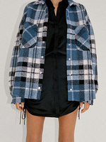 Frauen Blue Plaid Jacket Turndown Collar Langarm Polyester Hemdjacke