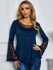 Frauen Blue Shirt Langarm Baumwolle Backless Jewel Neck Frauen T-Shirt