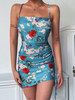 Frauen Blue Summer Dress Rückenfreie Spaghettiträger Polyester Sexy Short Beach Kleid