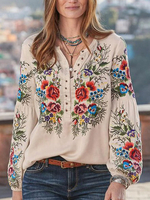 Frauen Bluse Blumen bestickt V-Ausschnitt Langarm Shirt Tops