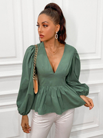 Frauen Bluse Grün Plissee Rüschen V-Ausschnitt Langarm Polyester Casual Tops