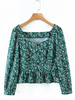 Frauen Bluse Grün Polyester Vierkant Hals Retro Blumendruck Langarm Tops