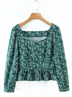 Frauen Bluse Grün Polyester Vierkant Hals Retro Blumendruck Langarm Tops