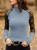 Frauen Bluse Hoher Kragen Lange Ärmel Himmelblau Polyester Farbblock Stretch Cut Out Spitze T-Shirt