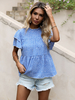 Frauen Bluse Jewel Neck Kurzarm Blue Polyester Sommer T-Shirt