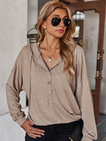 Frauen Bluse Khaki Baumwolle Casual Langarm Casual Hooded Tops